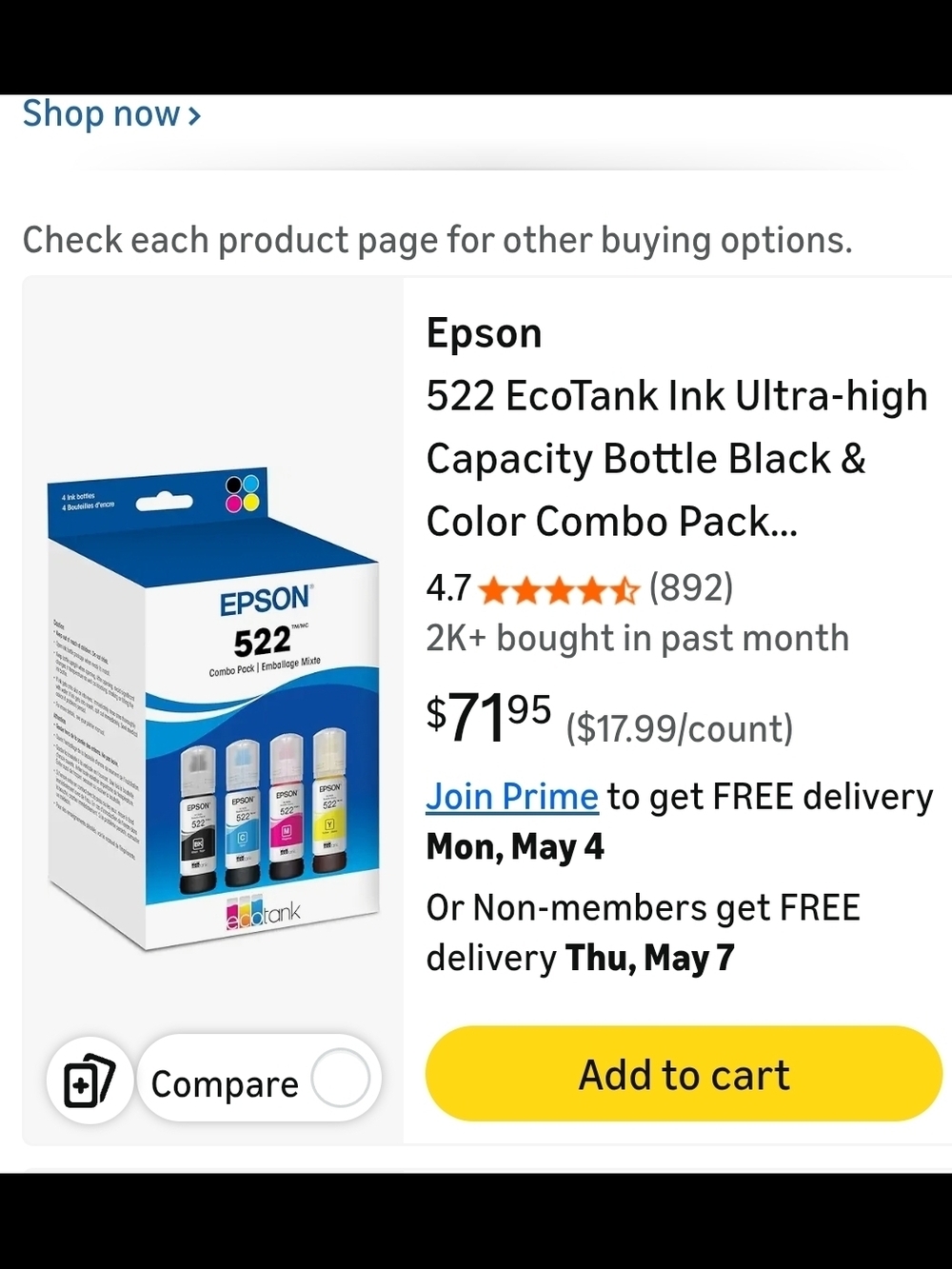 Epson 522 Ink Bottles in Black, Yellow, Cyan, Magenta